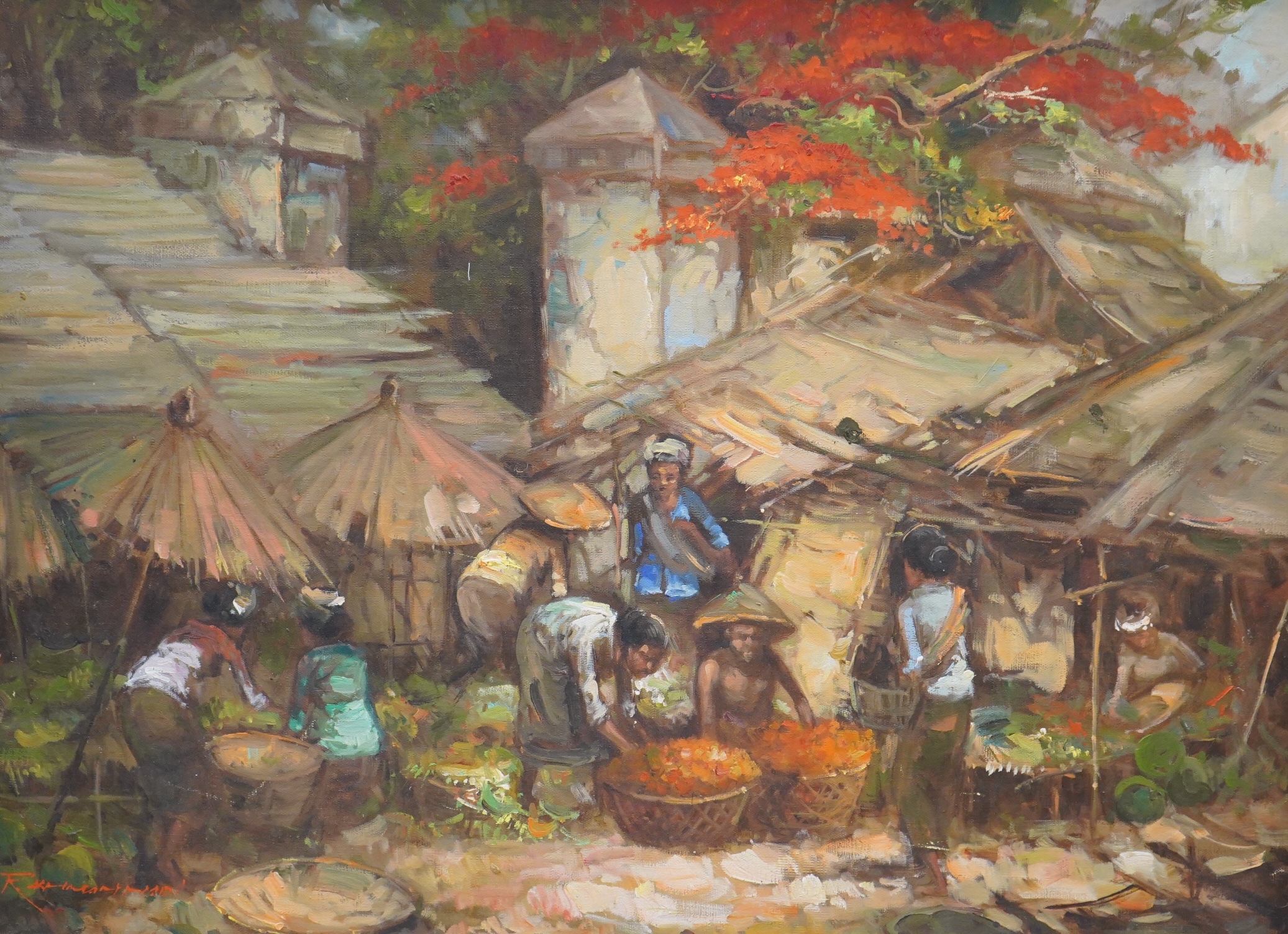Vietnamese school, Market scene with figures, indistinctly signed lower left, oil on canvas board, 52 x 71cm